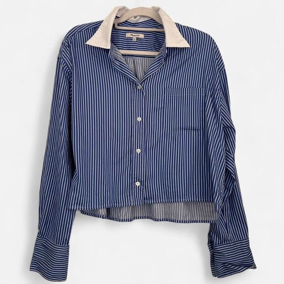 Madewell Boyfriend Fit Cropped Button-Up – Blue White Pinstripe (XL) - Picture 2 of 7